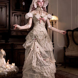 Person in a vintage-style dress standing in an elegant room with ornate furniture.