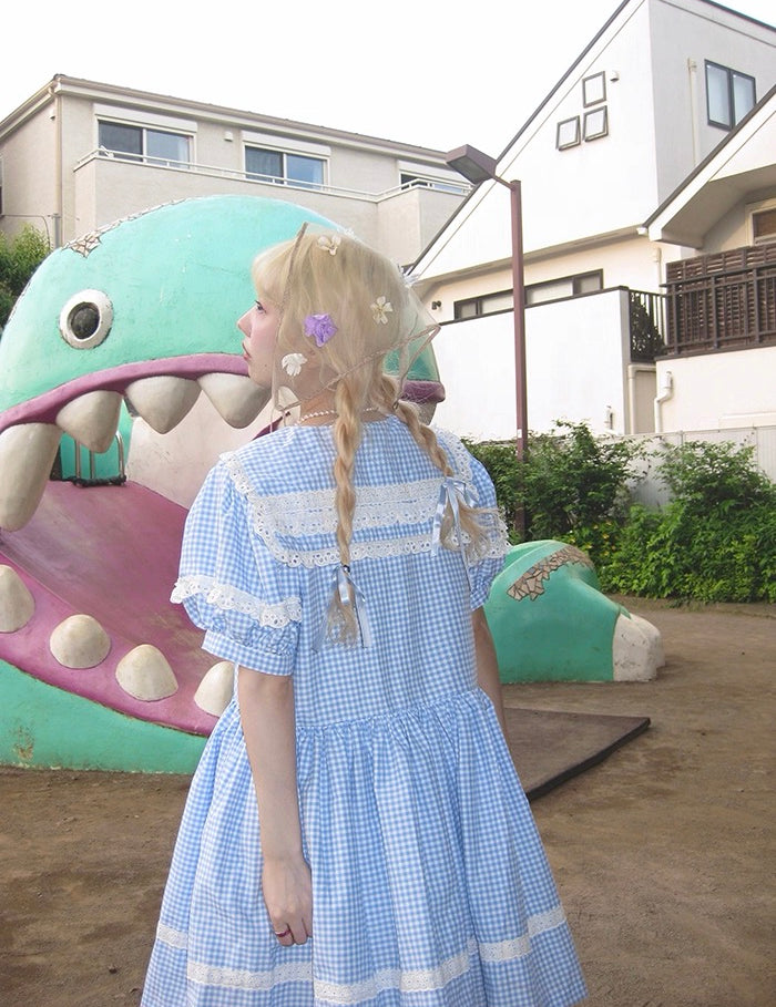 August Unicorn Gingham Sailor Puff Sleeve Dress