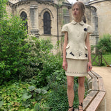 UNOSA Beige Bird & Floral Doll Collar Top and Mini Skirt Set