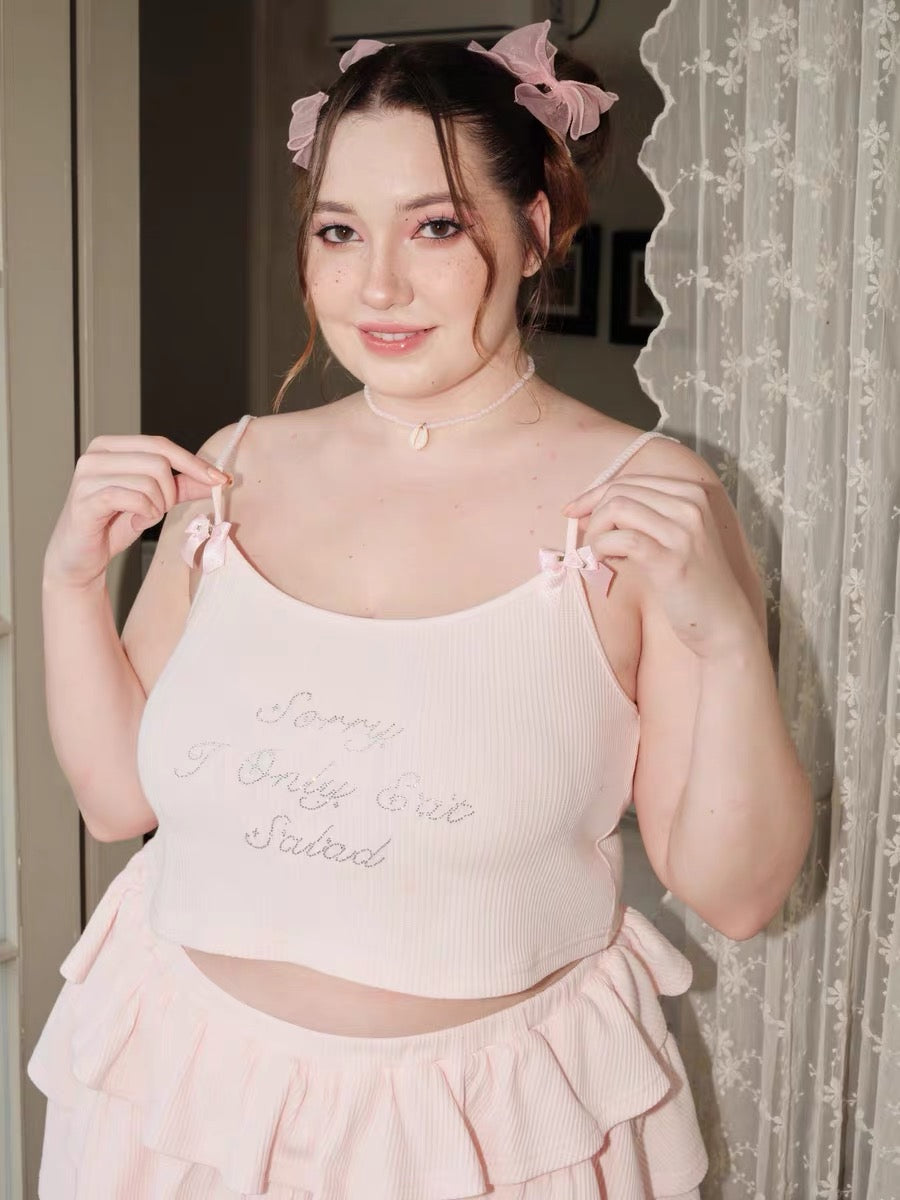 Get trendy with [Curve Beauty] Sorry I only eat salad soft pink sweet girl crop top and mini skirt set -  available at Peiliee Shop. Grab yours for $32 today!