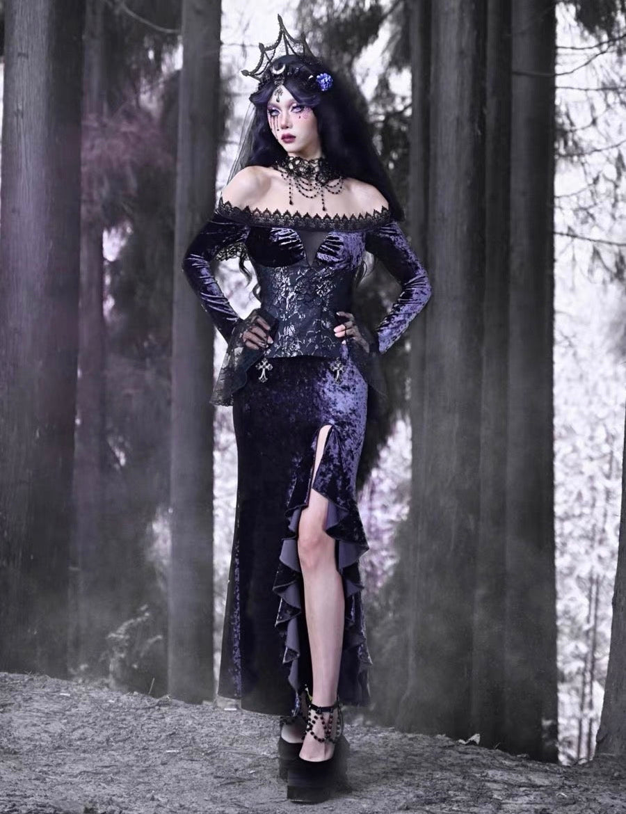 Get trendy with [Blood Supply]Moon Goddess Off-Shoulder Velvet Halloween Long Dress - Clothing available at Peiliee Shop. Grab yours for $56 today!