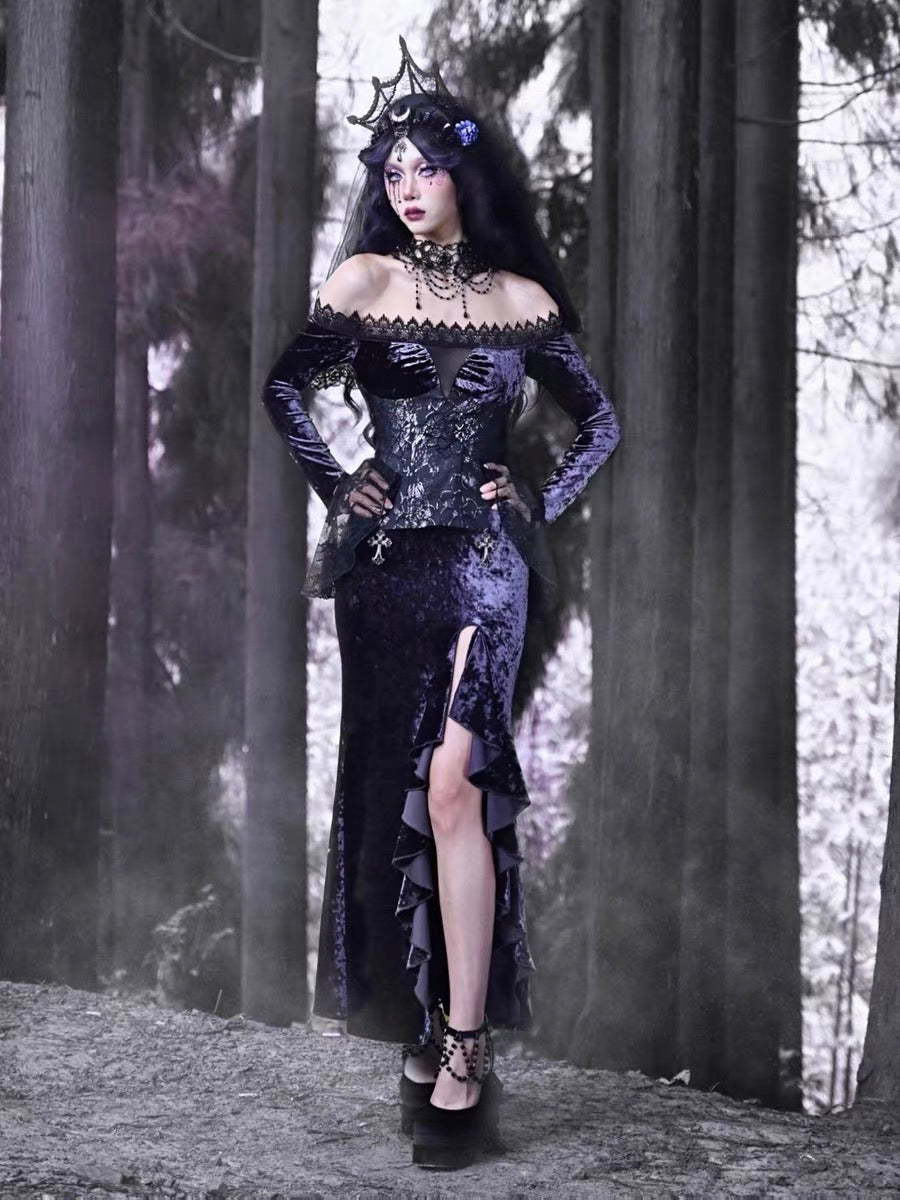 Get trendy with [Blood Supply]Moon Goddess Off-Shoulder Velvet Halloween Long Dress - Clothing available at Peiliee Shop. Grab yours for $56 today!