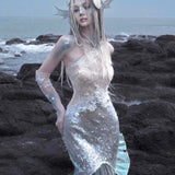 [Blood Supply] Silver Song Of Siren Mermaid Illusion Halter Maxi Dress