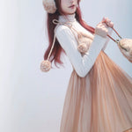 Rose Island Fairy Spirit Little Deer in flower field faux fur earmuffs ear warmer worn by model with side posting 