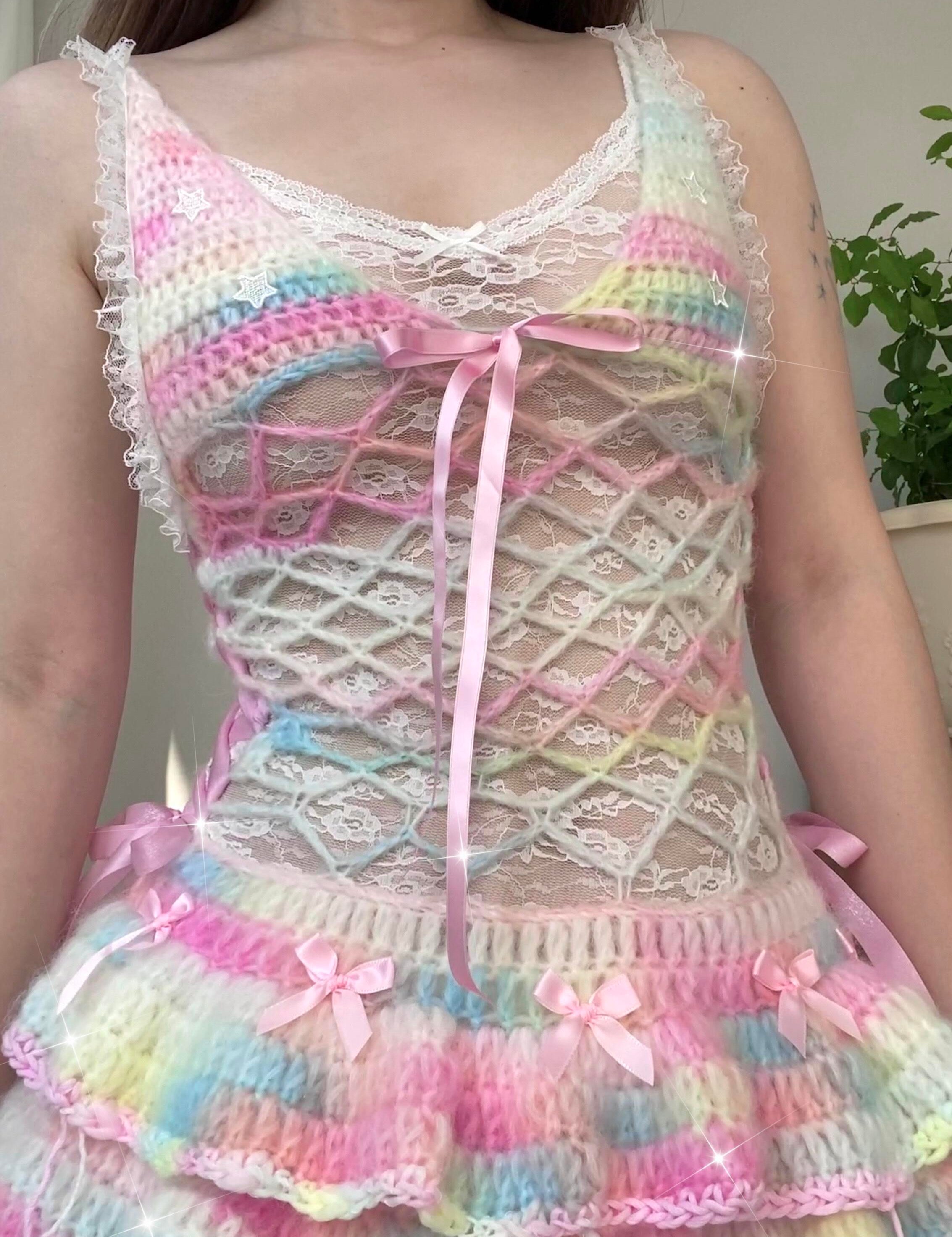 Get trendy with [Customized Hande Sewed] Rainbow Hearts Pastel Knitting Mini Dress -  available at Peiliee Shop. Grab yours for $16.80 today!