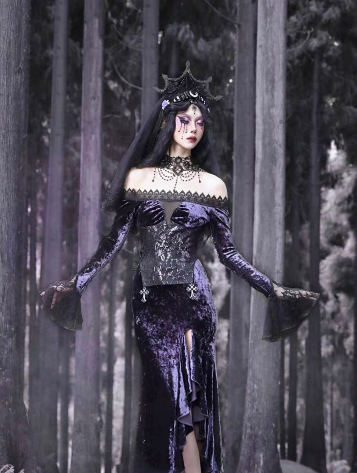 Get trendy with [Blood Supply]Moon Goddess Off-Shoulder Velvet Halloween Long Dress - Clothing available at Peiliee Shop. Grab yours for $56 today!
