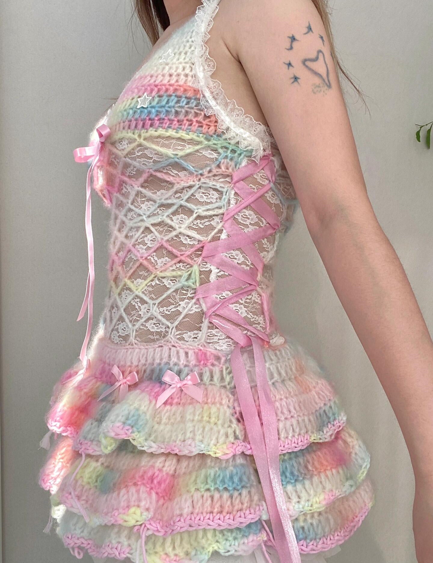 Get trendy with [Customized Hande Sewed] Rainbow Hearts Pastel Knitting Mini Dress -  available at Peiliee Shop. Grab yours for $16.80 today!