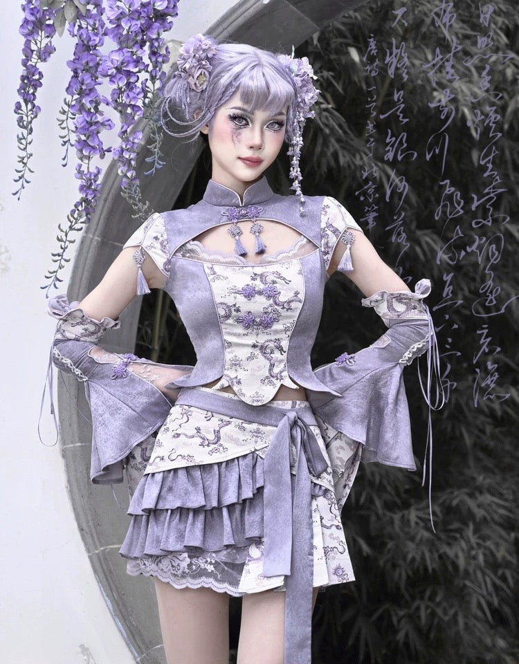 Get trendy with [Blood Supply] Dragon In Wisteria Japanese Princess Sleeves - Crop Top available at Peiliee Shop. Grab yours for $36 today!