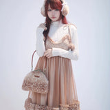 Rose Island Deer collection fawn pattern print faux fur handbag model holding as arm bag on front side