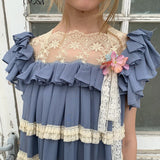 UNOSA Butterfly Moon Blue Chiffon Lace Trim Dress