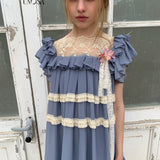 UNOSA Butterfly Moon Blue Chiffon Lace Trim Dress