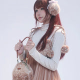 Rose Island Fairy Spirit Little Deer in flower field faux fur earmuffs ear warmer wearing by model with side view 