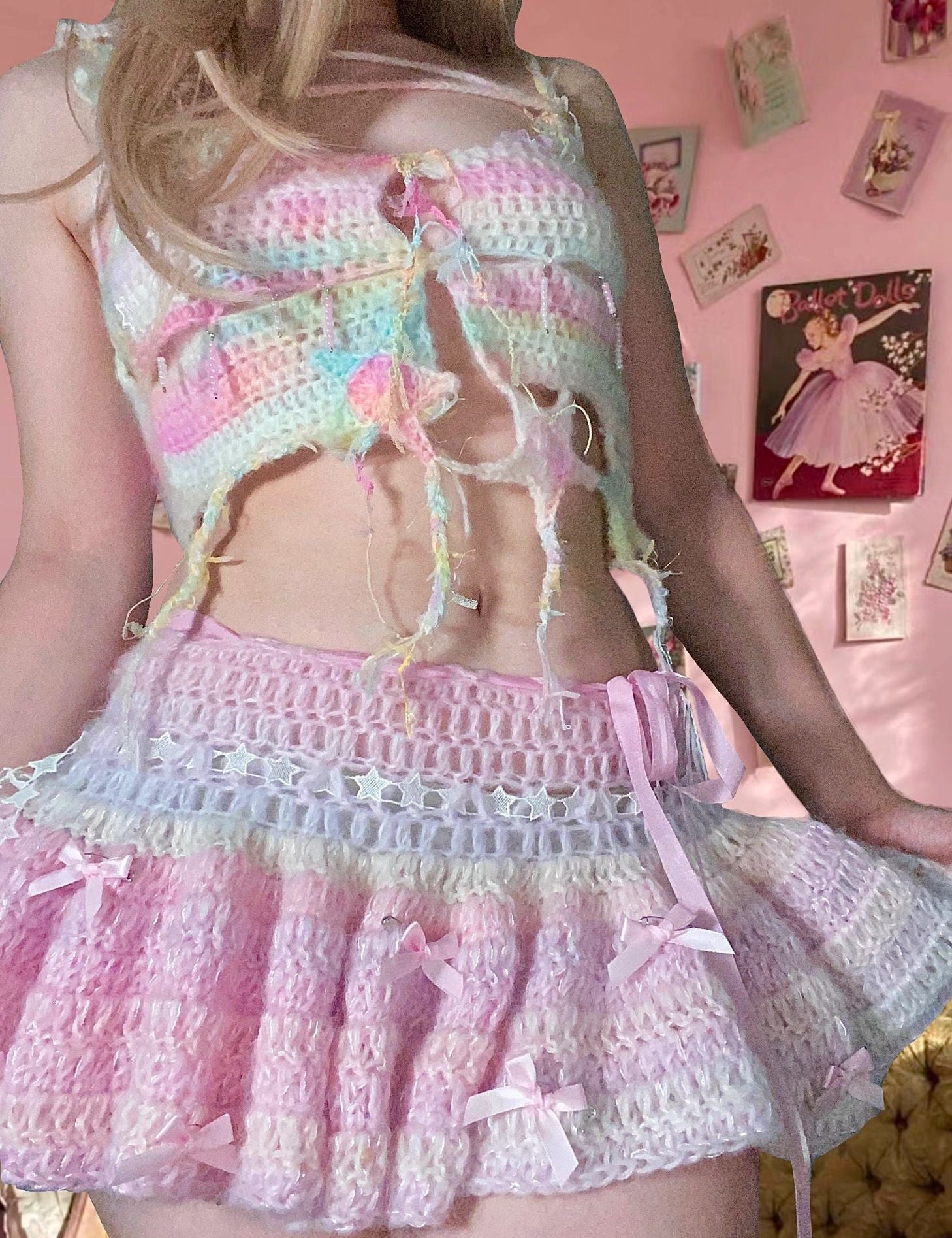 Get trendy with [Customized Handmade] Lil Pink Cake Monster Knitting Top and Skirt set -  available at Peiliee Shop. Grab yours for $59 today!