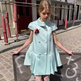UNOSA Mint Satin Double-Breasted Pleated Dress
