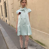 UNOSA Mint Satin Double-Breasted Pleated Dress