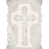 Decorative cross with intricate silver filigree frame on a white background KittenClaw logo via Peilieeshop