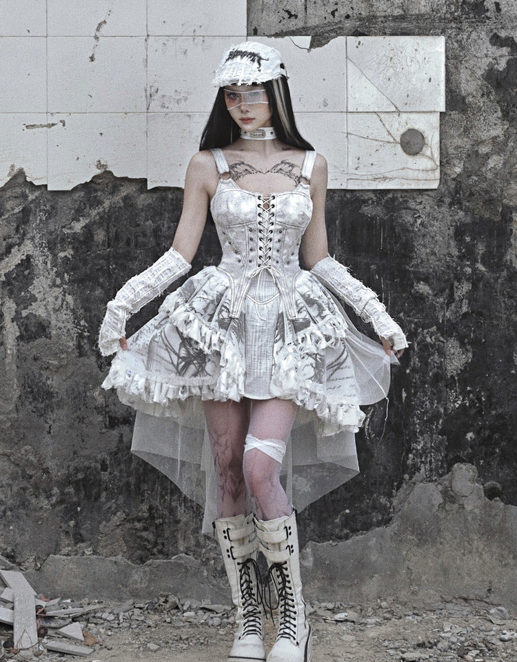 Get trendy with [Blood Supply] Madhouse Distressed Dress Set - Dresses available at Peiliee Shop. Grab yours for $49 today!