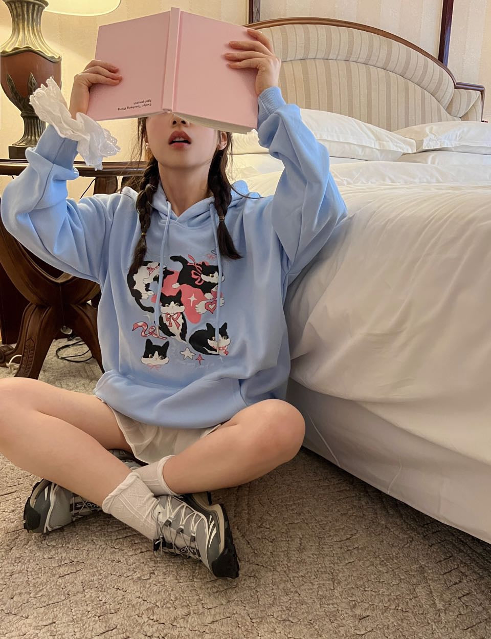 Get trendy with [Rose Candy] Cow Cat Blue Cozy Hoodie - Shirts & Tops available at Peiliee Shop. Grab yours for $33 today!