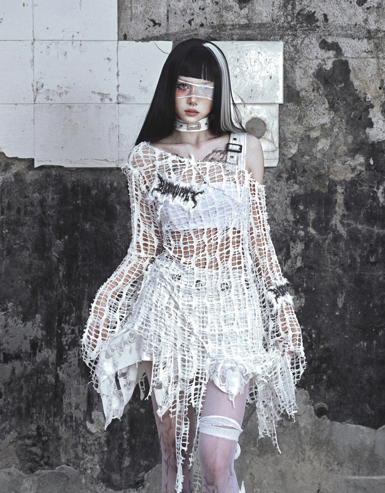 Get trendy with [Blood Supply] Madhouse Distressed Knit Off Shoulder Top - Shirts & Tops available at Peiliee Shop. Grab yours for $35 today!