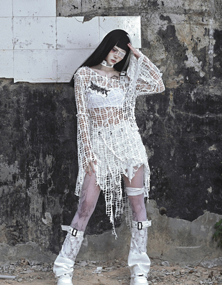 Get trendy with [Blood Supply] Madhouse Distressed Knit Fishnet Top - Shirts & Tops available at Peiliee Shop. Grab yours for $35 today!