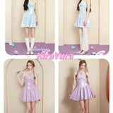 Four images of girls wearing pastel blue colored mini dress with a beige background and peilieeshop 'KiraYura' branding.