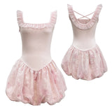 Pink ballet dress with ruffled top style and floral patterned dress on a white background