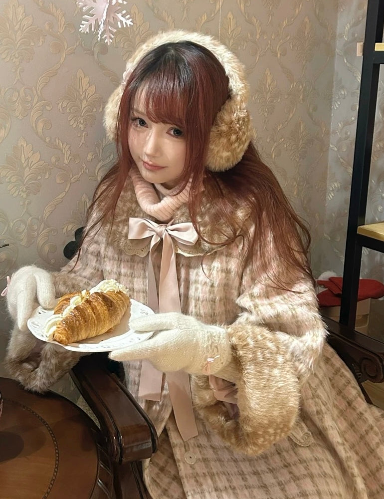 Woman in vintage outfit with faux fur fawn deer print coat and gloves holding a plate with bread.