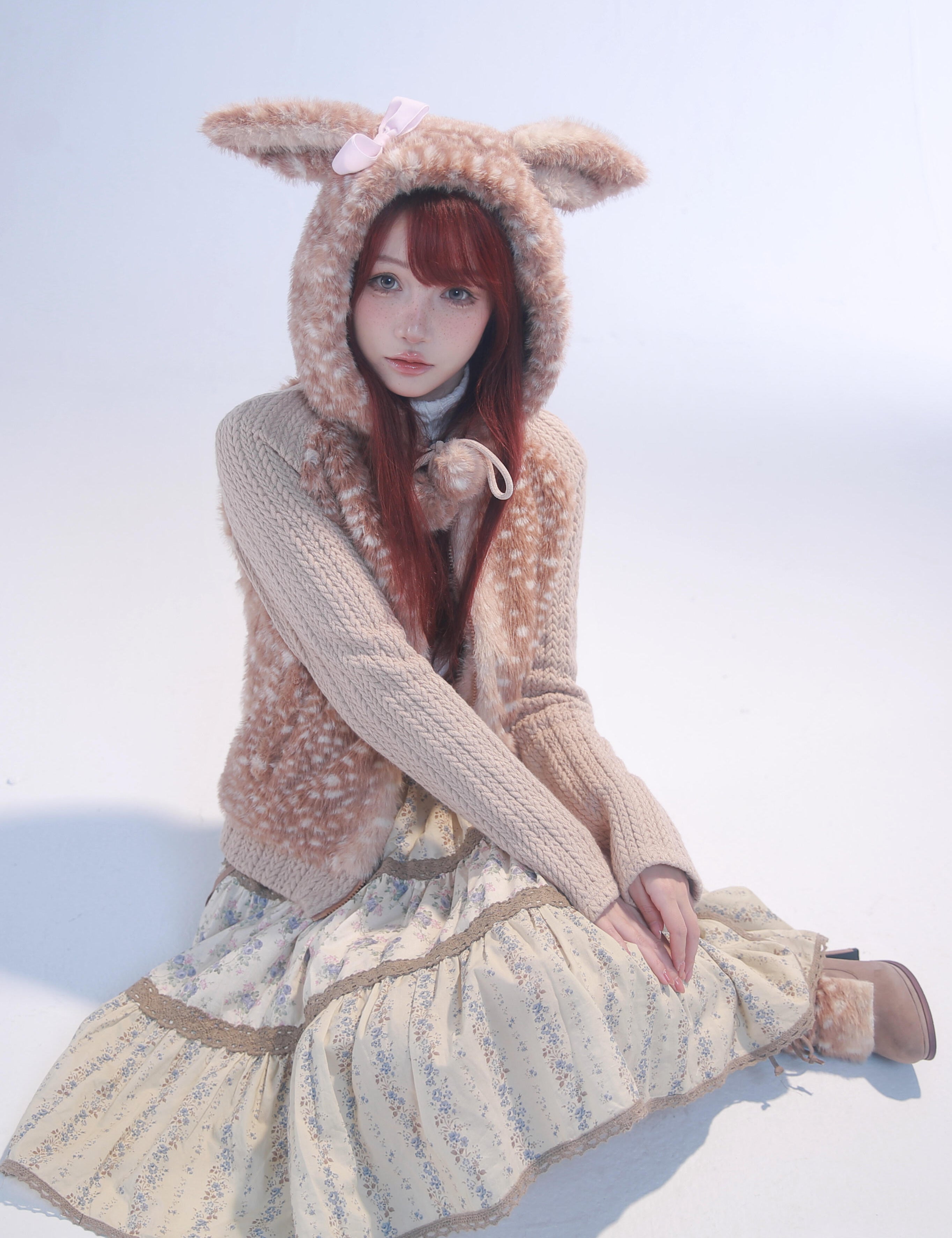 Rose Island Trending Deer Print Hoodie Fawn Hoodie front modeling photo via PeilieeShop for $69