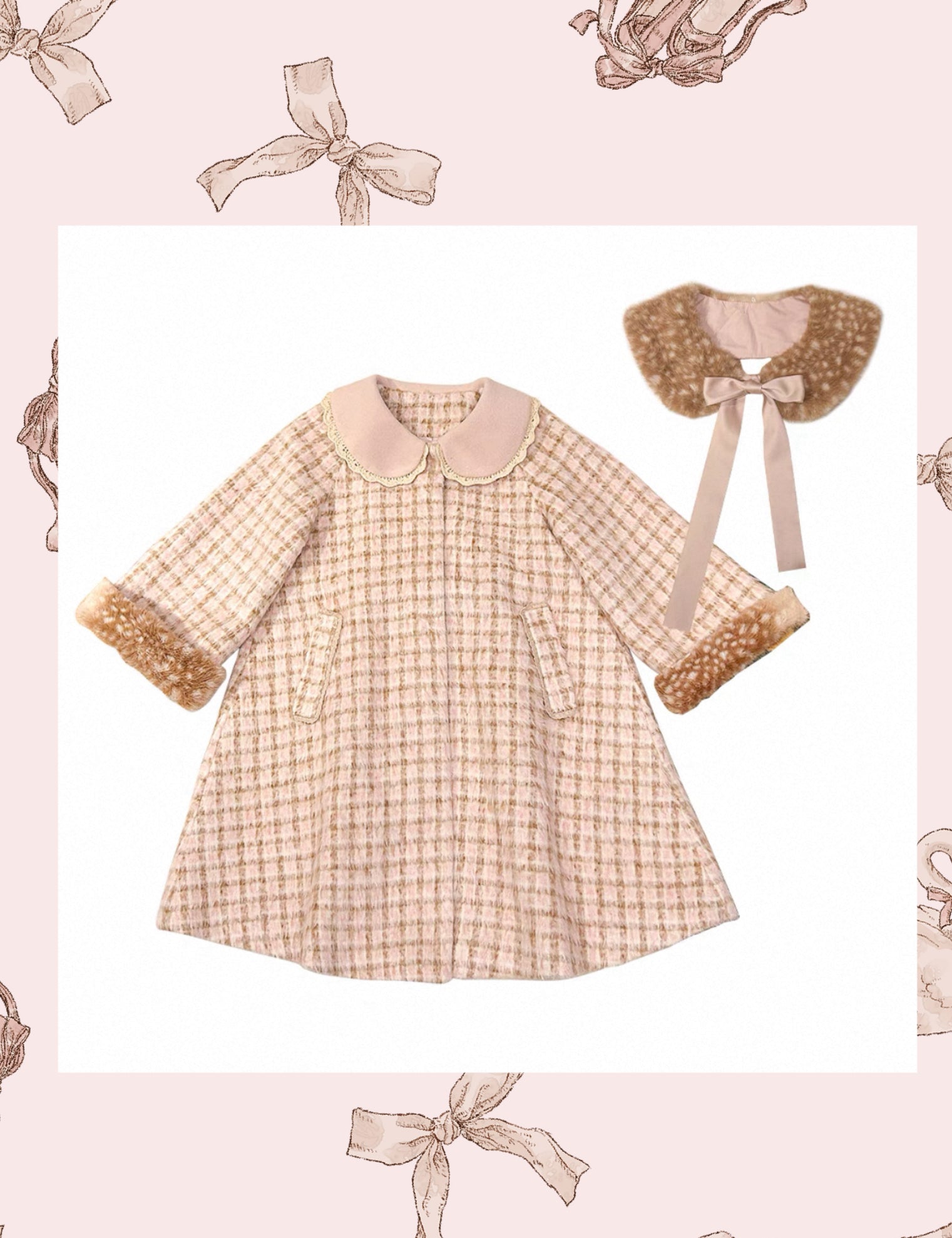 Rose island Peilieeshop deer fawn coat with matching bow on a pink background