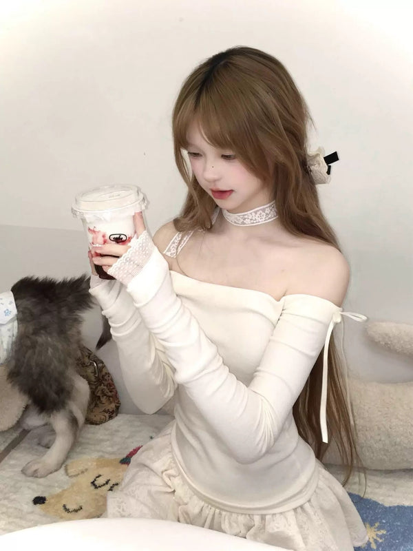 SheepKiss Ballet Soft Girl Off-Shoulder Sweater