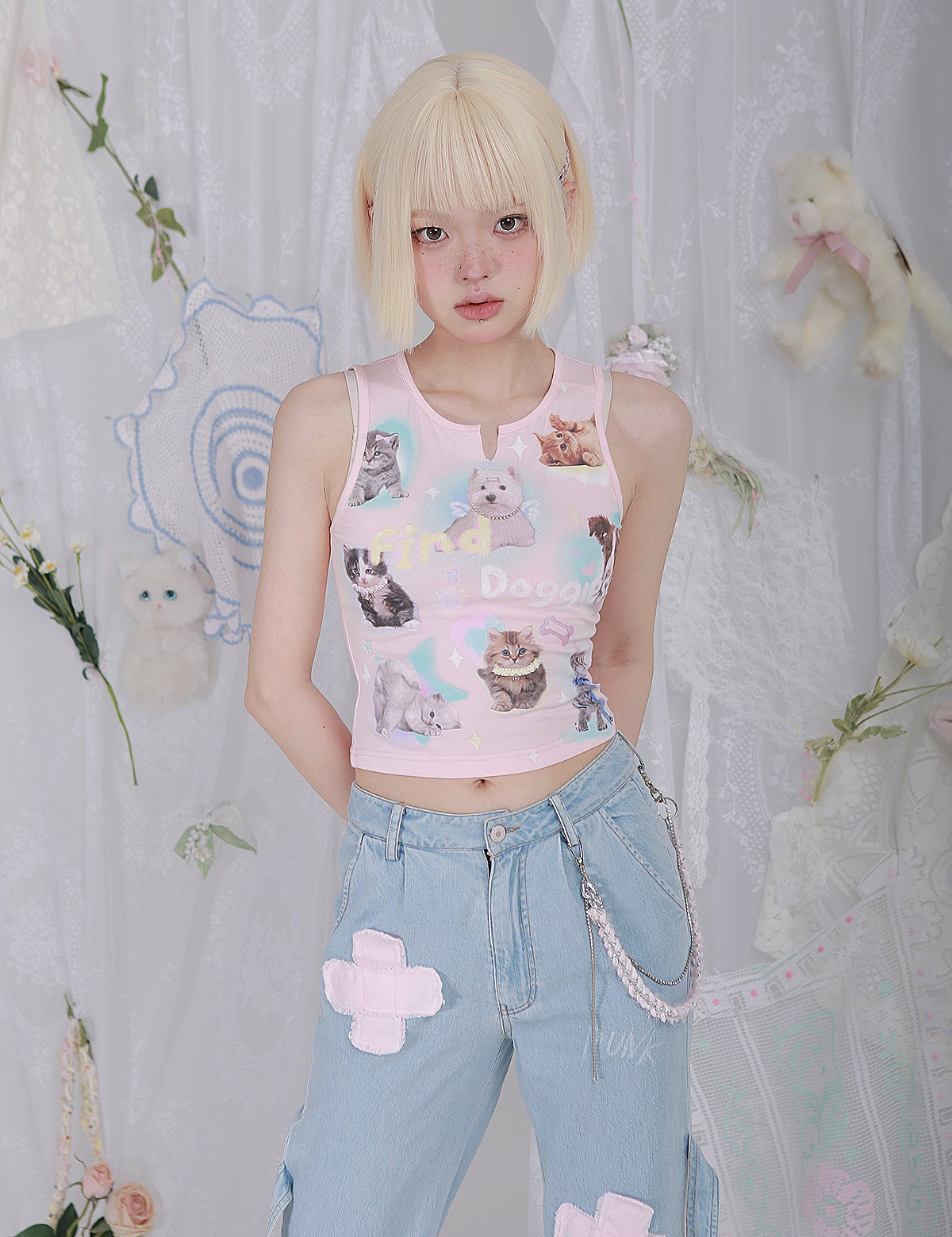Get trendy with [Rose Island] Find Doggies Crop Top - Clothing available at Peiliee Shop. Grab yours for $35 today!
