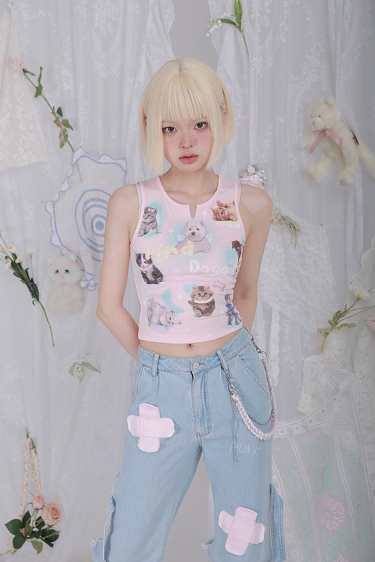 Get trendy with [Rose Island] Find Doggies Crop Top - Clothing available at Peiliee Shop. Grab yours for $35 today!