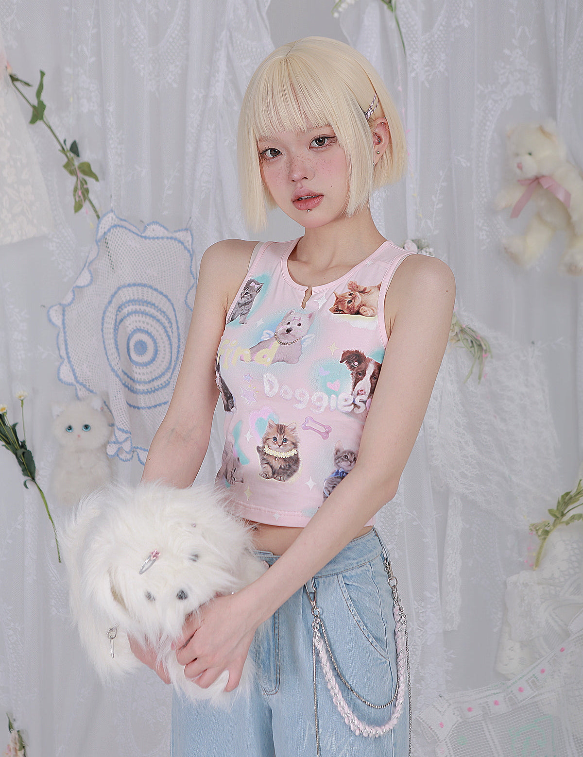 Get trendy with [Rose Island] Find Doggies Crop Top - Clothing available at Peiliee Shop. Grab yours for $35 today!