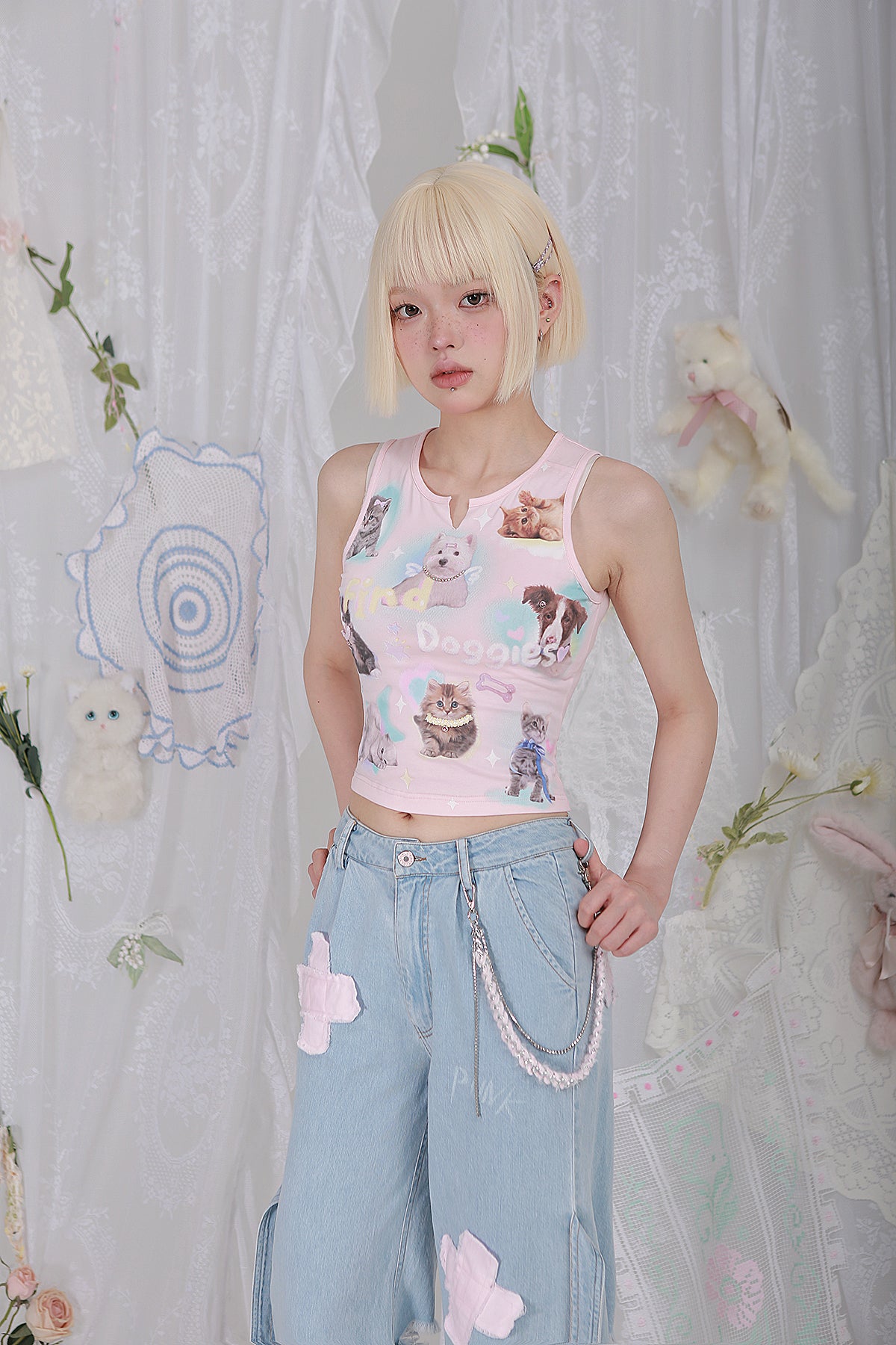Get trendy with [Rose Island] Find Doggies Crop Top - Clothing available at Peiliee Shop. Grab yours for $35 today!