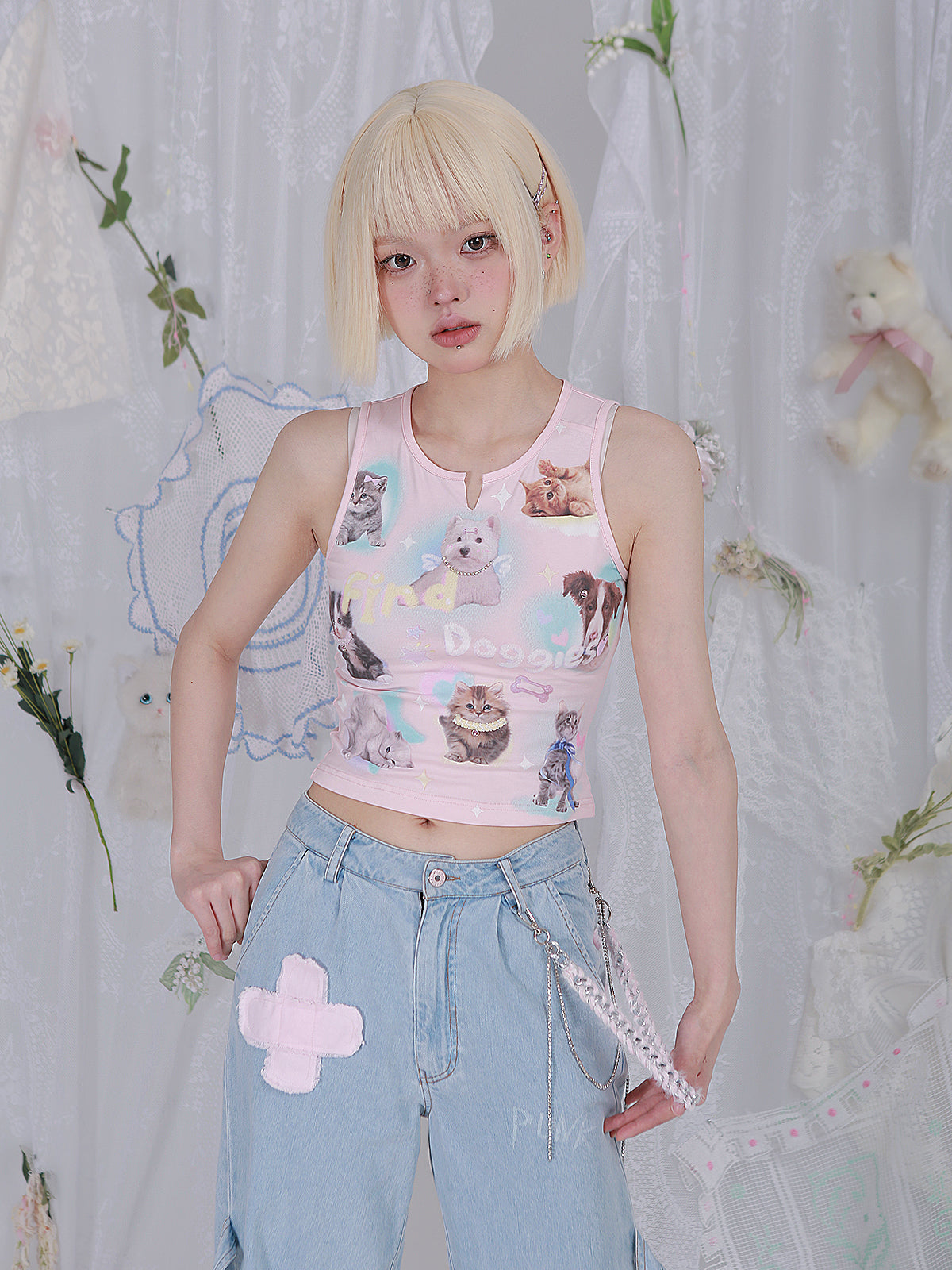 Get trendy with [Rose Island] Find Doggies Crop Top - Clothing available at Peiliee Shop. Grab yours for $35 today!