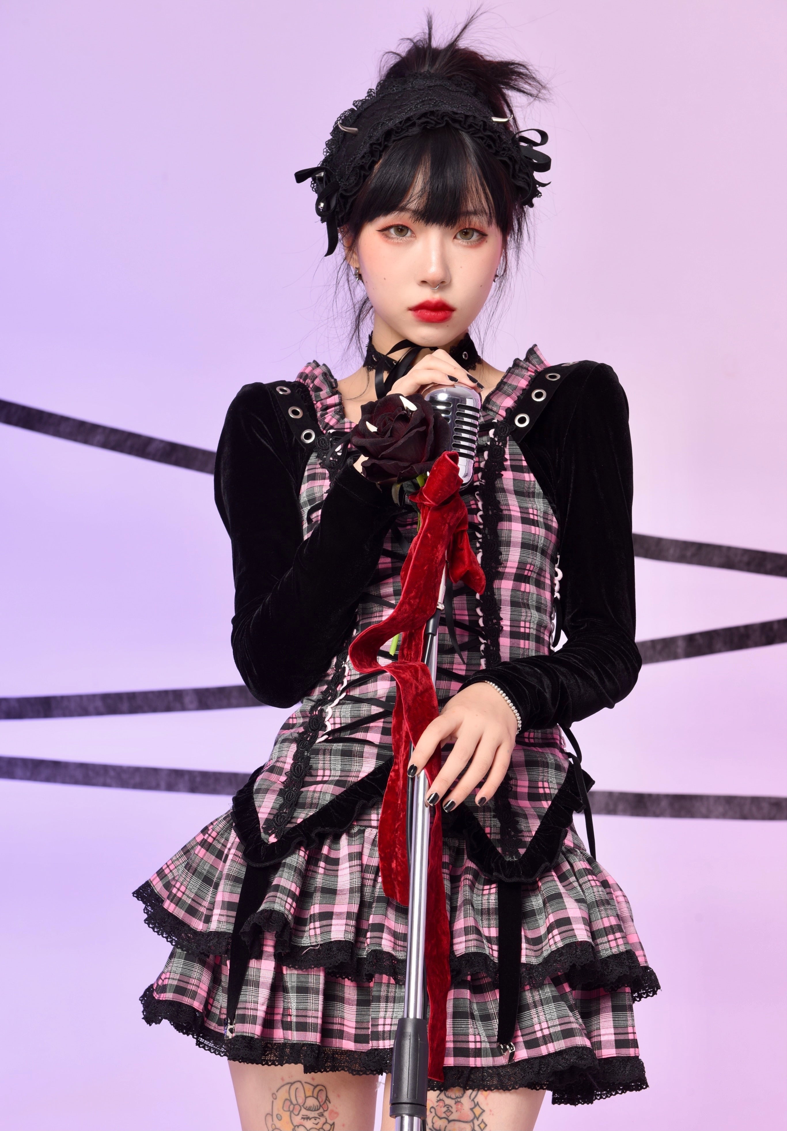 Get trendy with [Evil Tooth] Evil Flowery Girl Punk Dress Set - Dress available at Peiliee Shop. Grab yours for $125 today!