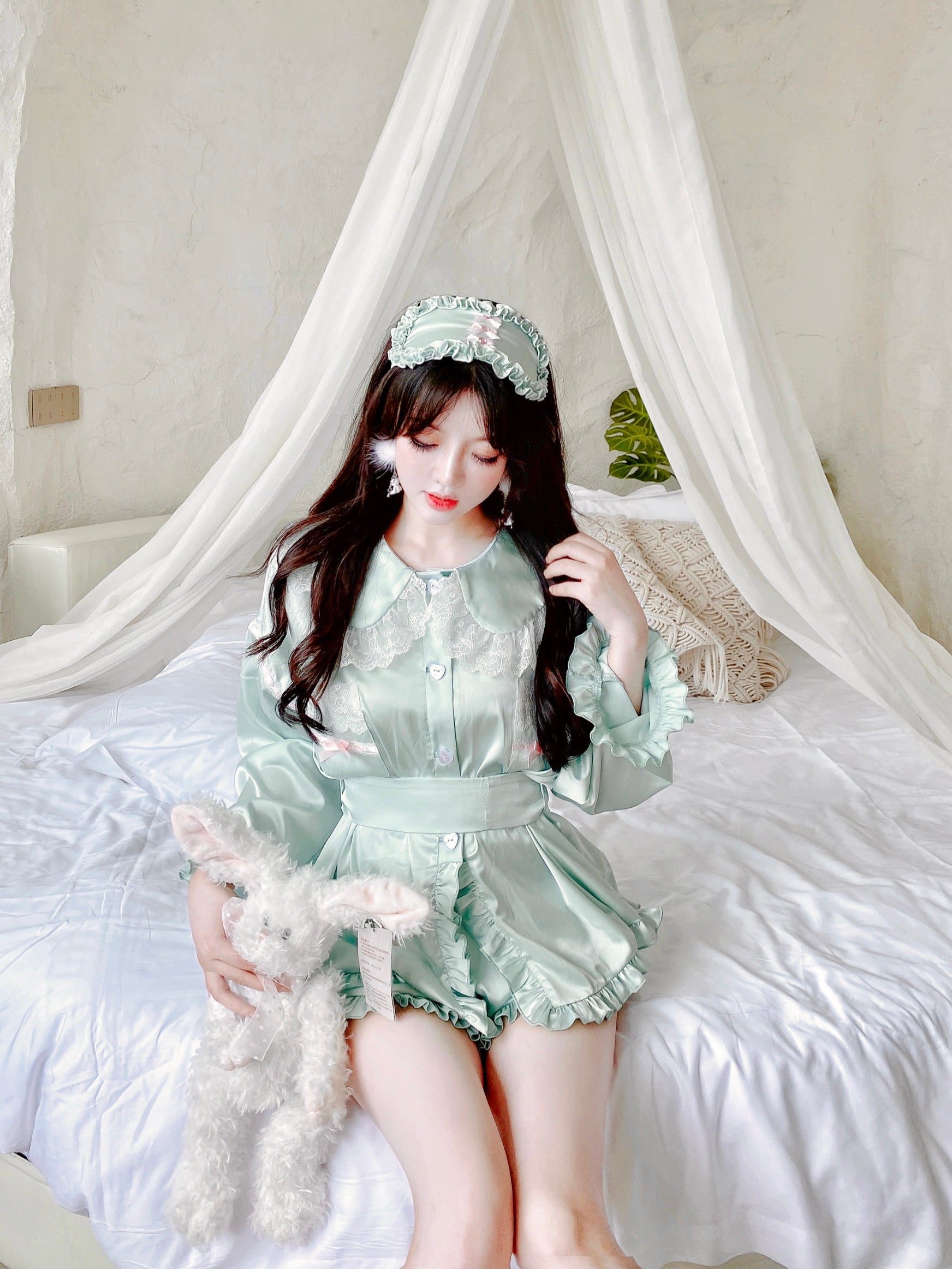 Get trendy with Angelic Mint Satin Lounge wear set -  available at Peiliee Shop. Grab yours for $15 today!
