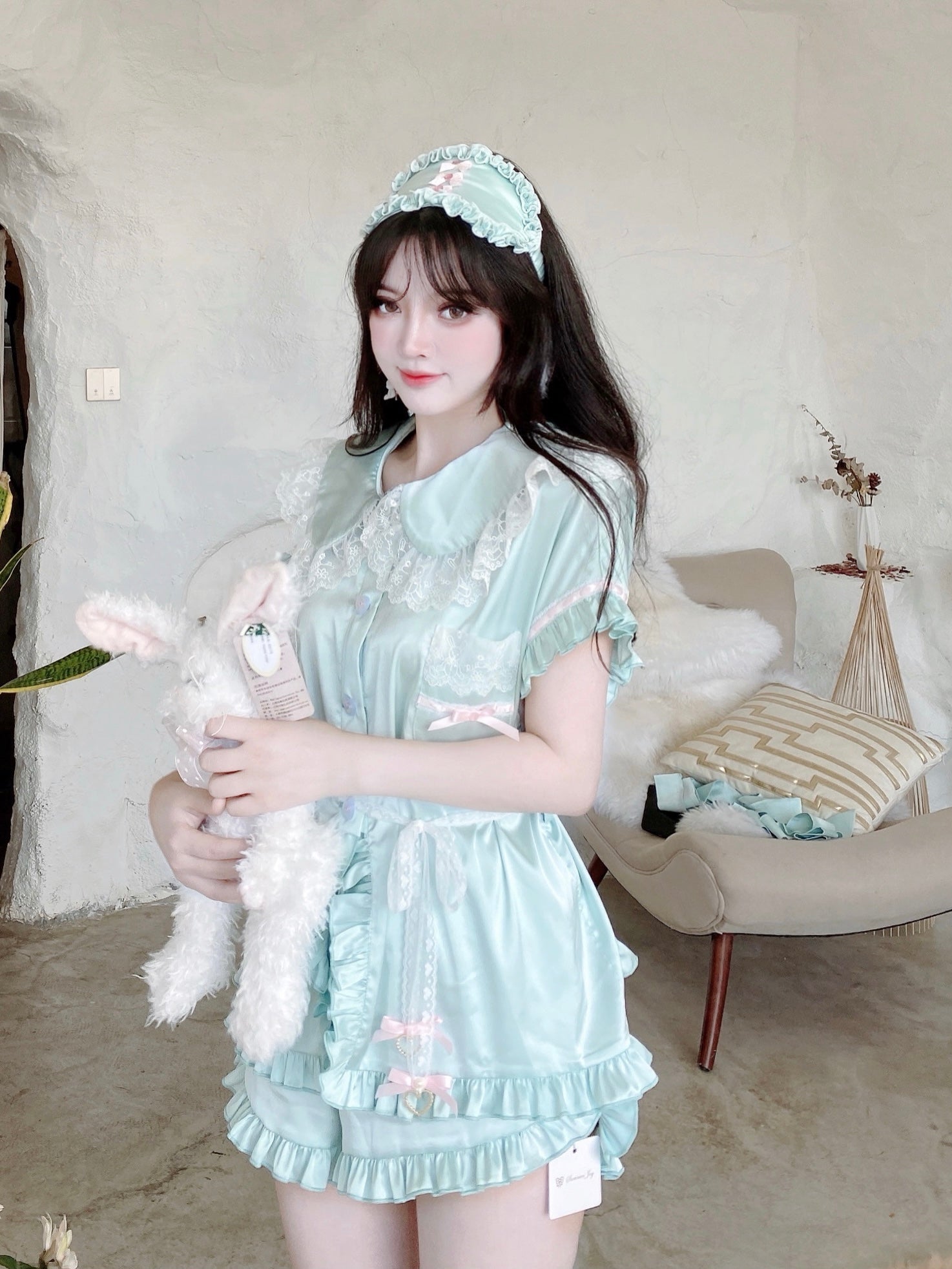 Get trendy with Angelic Mint Satin Lounge wear set -  available at Peiliee Shop. Grab yours for $15 today!