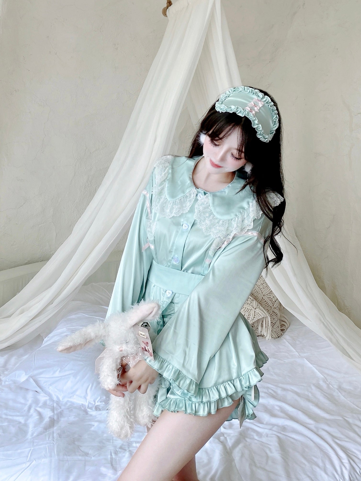 Get trendy with Angelic Mint Satin Lounge wear set -  available at Peiliee Shop. Grab yours for $15 today!