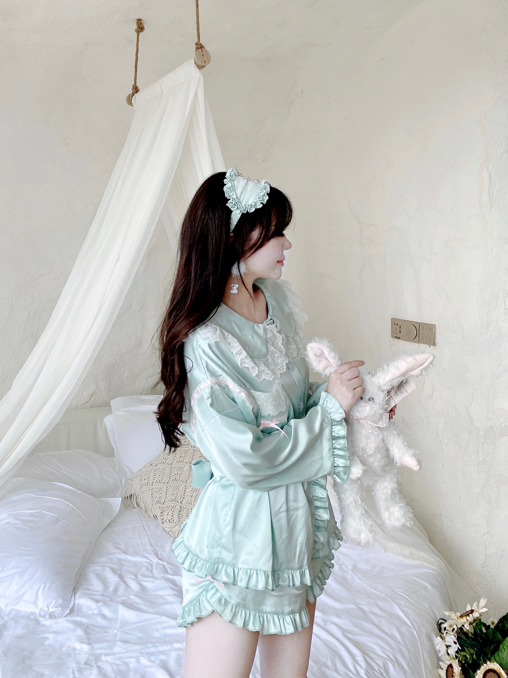 Get trendy with Angelic Mint Satin Lounge wear set -  available at Peiliee Shop. Grab yours for $15 today!